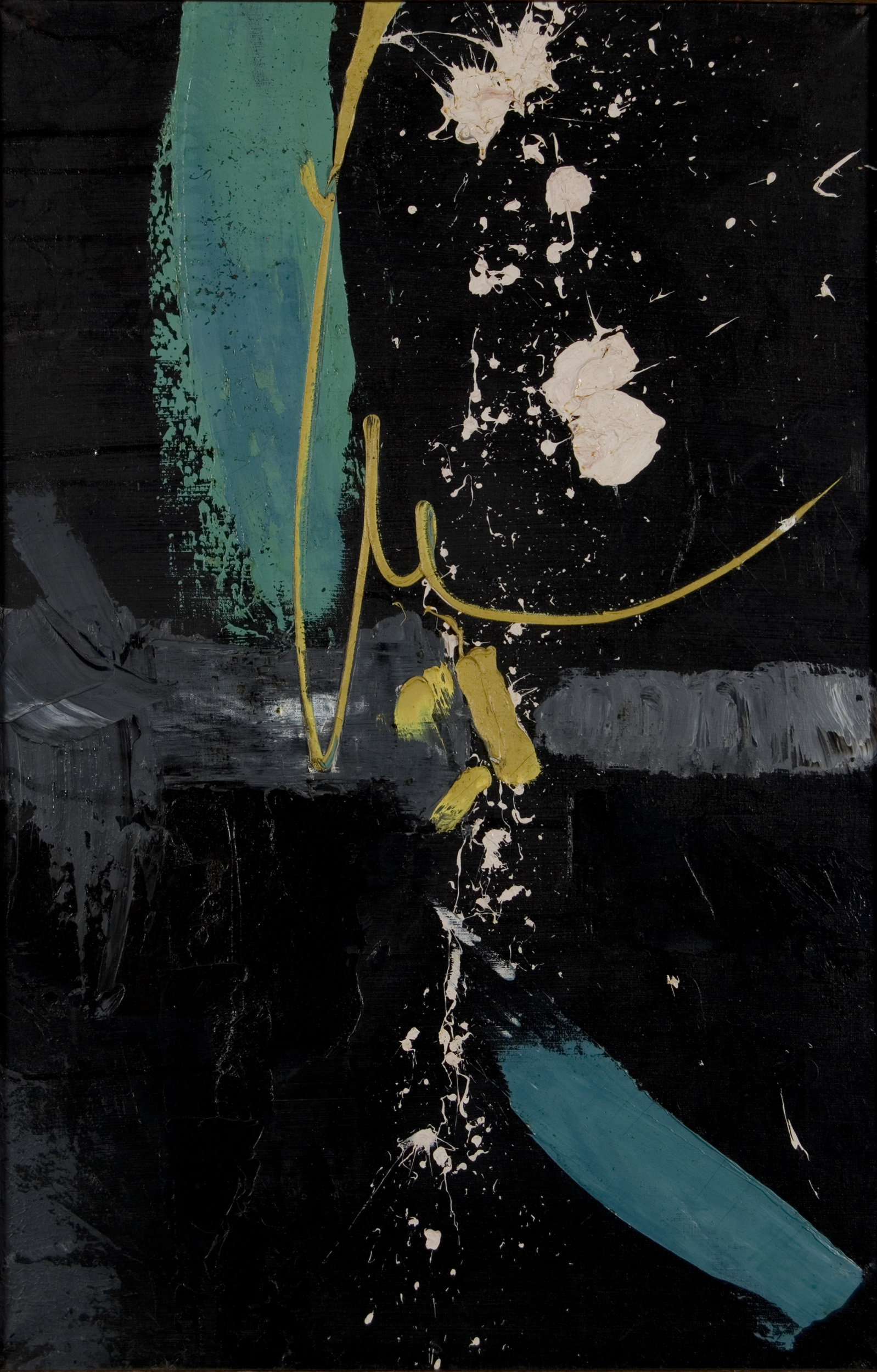 Abstract painting featuring bold black background with teal and gray brushstrokes, accented by yellow curved lines and white splatters. Composition highlights dynamic movement and contrast through irregular shapes and textured layers.