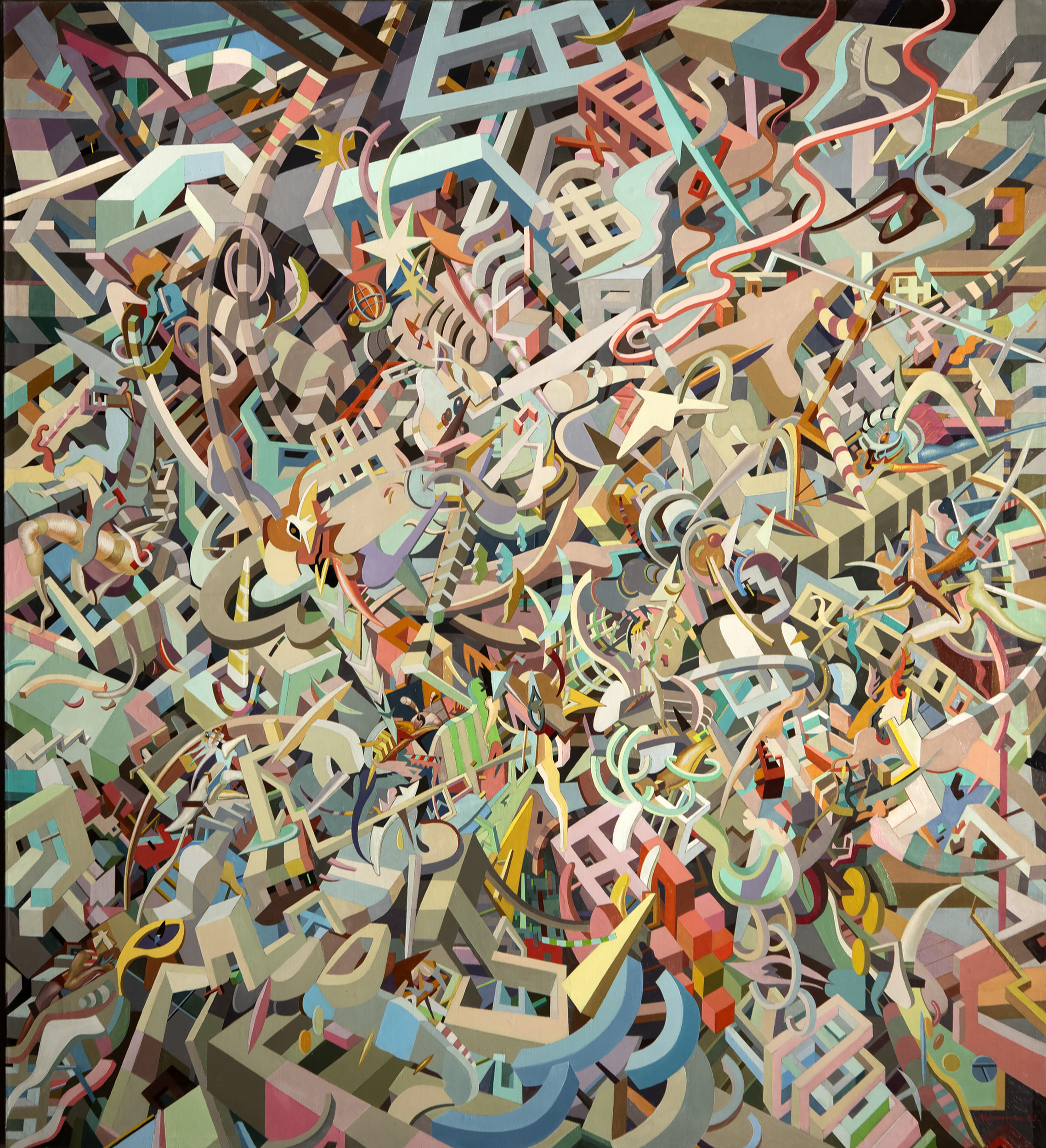 Abstract painting featuring a complex, chaotic arrangement of geometric shapes, lines, and vibrant colors including blues, greens, oranges, and pinks. The composition creates a sense of dynamic movement and depth through overlapping forms and varied angles, evoking an energetic and intricate visual experience.