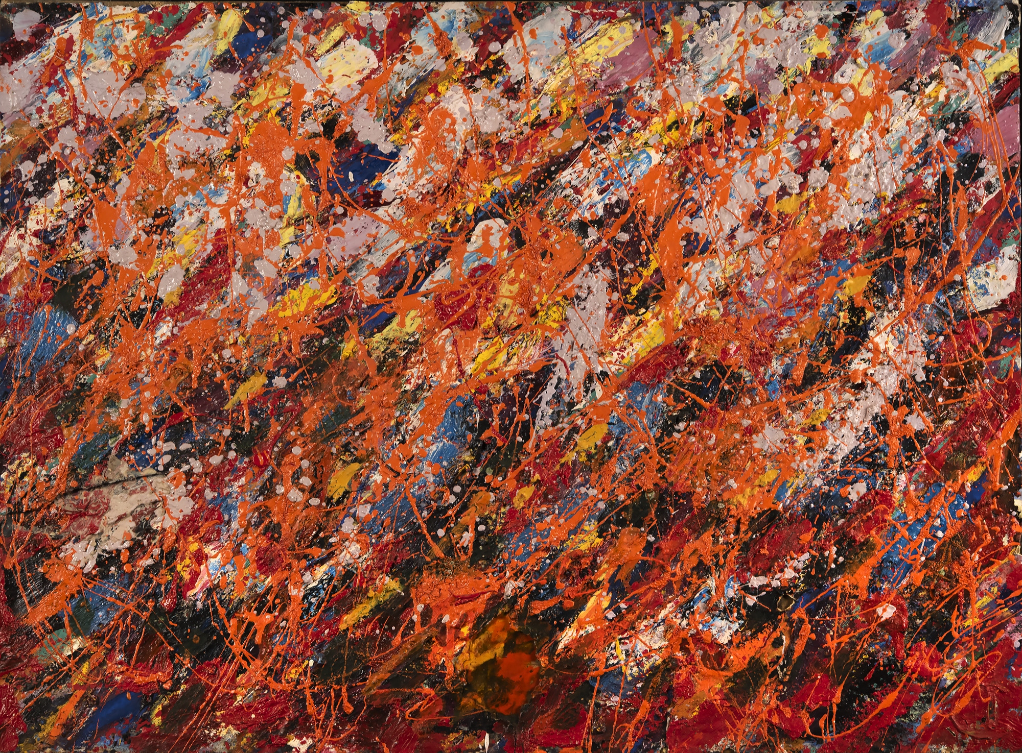 Abstract expressionist painting featuring dynamic splatters and drips of vibrant orange, red, yellow, blue, and white colors layered over a dark background. The chaotic composition emphasizes energetic movement and intense contrast, creating a visually striking and textured effect.