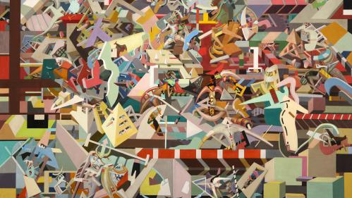 Abstract painting featuring a chaotic composition of geometric shapes, fragmented human figures, and vibrant colors including reds, blues, yellows, and greens. The artwork conveys dynamic movement and complexity through overlapping forms and varied textures, creating a sense of energetic disarray.