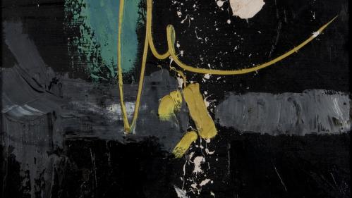 Abstract painting featuring bold black background with teal and gray brushstrokes, accented by yellow and white splatters and lines. Composition highlights dynamic contrast and movement through irregular shapes and scattered paint droplets.