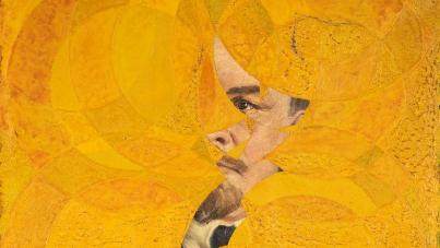 portrait of Lenin peeking out of a yellow color field of concentric circles