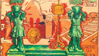 Two green men figures are holding pots with trees. The script "Garden Old and Now" is written on the right lower corner of the painting