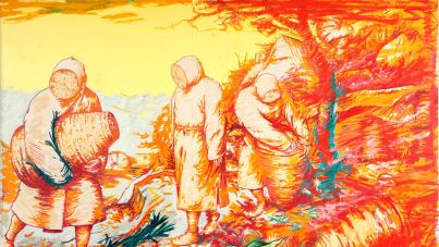 three peasant figures harvesting the field