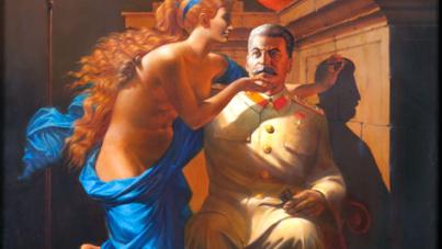 A classical-style painting depicting a partially draped woman with flowing hair leaning toward a seated man in a military uniform, set against a backdrop of columns and a red curtain. Warm lighting highlights the woman's blue drapery and the man's beige uniform, with a lit torch on the left adding dramatic contrast.