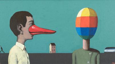 painting of a boy with duck beak and a boy with colored sphere instead of a head