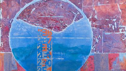 Abstract painting featuring a large circle divided horizontally with textured blue and reddish-brown sections, overlaid by vertical columns of numbers in orange and blue. The background consists of patchwork-like rectangles in muted reds, purples, and blues, creating a layered, geometric composition with a weathered, textured appearance.