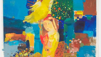 A colorful painting depicting a serene figure wearing a red headscarf, surrounded by abstract shapes and vibrant blocks of blue, yellow, and green. A large yellow bird perches above the figure's head.