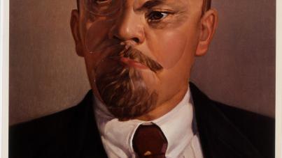 A painting of Vladimir Lenin wearing a dark suit, white shirt, and patterned brown tie against a plain brown background. The focus is on the formal attire and upper body, with the face distorted.