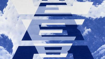 A surreal artwork features a large, three-dimensional letter "A" extending upward into a sky filled with clouds. The letter is layered with translucent, overlapping segments creating a sense of depth and perspective, with a gradient of blue tones blending into the sky background.