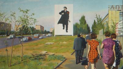 Painting of a group of people walking on a sidewalk beside a grassy area with a large billboard featuring Vladimir Lenin. The scene includes cars on a road to the left, brutalist buildings in the background, and a clear blue sky.