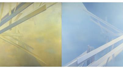 Abstract painting divided vertically into two halves, with the left side featuring muted yellow and green tones and the right side displaying shades of blue. Angular, overlapping beams or lines extend across both halves, creating a sense of depth and contrast between warm and cool color palettes.