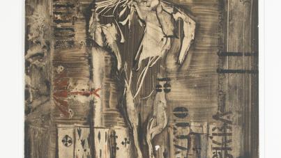 A monochromatic abstract painting depicts a distorted, skeletal human figure standing against a textured background with vertical and horizontal lines. The composition includes scattered symbols, letters, and numbers in black and red.
