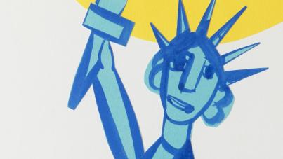 Illustration of the Statue of Liberty in blue tones with simplified, abstract features and a yellow background element. The artwork emphasizes the statue's iconic crown spikes and torch, using bold lines and minimalistic shapes.