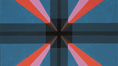 Abstract geometric artwork featuring a symmetrical design with four triangular shapes in red and pink converging toward a central black square. The background consists of intersecting dark blue and black lines forming a cross pattern, creating a sense of depth and focus at the center.