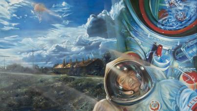 A surreal painting depicting an astronaut in a space suit with a reflective helmet, set against a rural landscape featuring a house, a road, and a parachute descending from the sky. 
