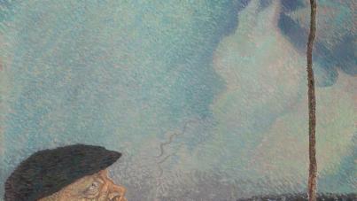 A painting depicting an elderly man with a cigarette looking intently at a thin, leafless tree growing from a rocky surface under a blue sky. The scene includes a colorful butterfly near the tree's branches, contrasting with the muted tones of the man and landscape.