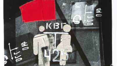Photograph of a mixed-media artwork featuring two human-like figures made from newspaper clippings with white numeric and letter markings on a dark textured background. A bright red rectangular patch contrasts with grayscale elements, while white arrows and text add a schematic or coded visual effect.