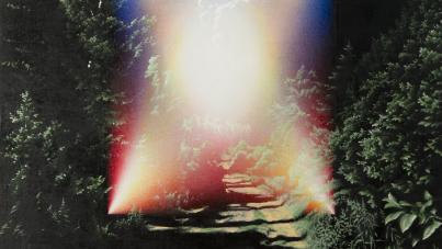 A painting of a forest path illuminated by a surreal, multicolored light beam forming an X shape in the center. The light contrasts with dense green foliage on both sides and highlights a cloudy sky above.