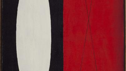 Abstract painting featuring a vertical composition divided into two main sections: a black left side with a large white elongated oval shape and a red right side with two intersecting thin black lines forming an "X."