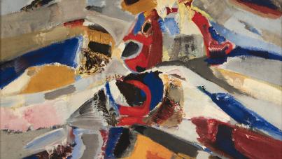 Abstract painting featuring dynamic, overlapping brushstrokes in bold colors including red, blue, yellow, black, and white. Composition emphasizes movement and contrast with layered shapes and textured areas creating a sense of depth and energy.