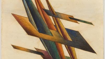 Abstract painting featuring sharp, elongated geometric shapes in shades of orange, blue, and green against a light beige background. The composition emphasizes dynamic movement and depth through overlapping angular forms and subtle shading.