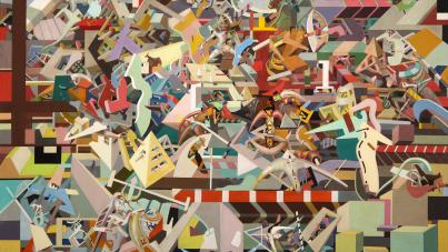 Abstract painting featuring a chaotic composition of geometric shapes, fragmented human figures, and vibrant colors including reds, blues, yellows, and greens. The artwork conveys dynamic movement and complexity through overlapping forms and varied textures, creating a sense of energetic disarray.
