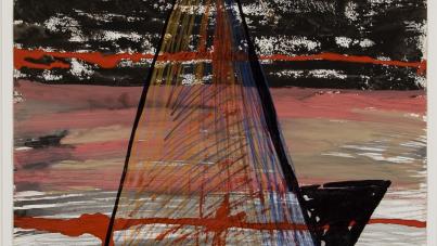Abstract painting features a large cone shape reminiscent of a vessel with under a sail outlined in black with intersecting red, blue, and orange lines, set against a textured background of black, red, pink, and gray horizontal bands. The composition emphasizes contrast between geometric form and layered, rough brushstrokes, creating a dynamic visual tension.