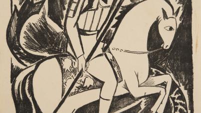 Black and white drawing of a figure riding a white horse with a halo around their head. Hands reach up from below to grasp at the horse. 