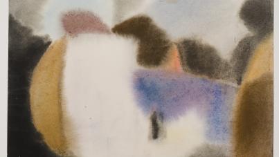 Abstract painting featuring soft, blended shapes and muted colors including brown, blue, white, and black. The composition suggests a dreamlike landscape with indistinct forms and a subtle halo effect near the top left.