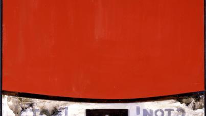 Abstract painting featuring a large red rectangular area occupying most of the upper portion, with a curved black line separating it from a lower section containing faded, stenciled Cyrillic text in blue and black. The lower section also includes two small rectangular shapes resembling drawers or compartments, adding a structural element to the composition.