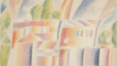Colored pencil drawing depicting an abstract industrial factory with smokestacks emitting smoke and geometric shapes forming buildings. Soft pastel colors and blurred lines create a dreamy atmosphere, with green foliage and rolling hills in the background.