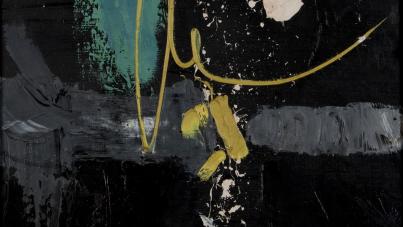 Abstract painting featuring bold black background with teal and gray brushstrokes, accented by yellow and white splatters and lines. Composition highlights dynamic contrast and movement through irregular shapes and scattered paint droplets.