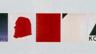 A series of five minimalist paintings arranged horizontally, each featuring simple geometric shapes and limited color palettes of red, black, and white. The designs include a gradient square with partial text "LAPIN," a red silhouette of a bearded head, a solid red square, a white square with a small black corner, and a black triangle with Cyrillic text "КОНЕЦ" (meaning "The End").
