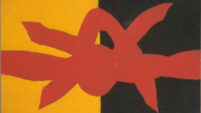 Abstract painting featuring a bold red knot-like shape centered on a vertically split background of yellow on the left and black on the right.
