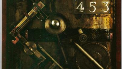 A photograph of a steampunk-style mechanical art piece featuring various metallic components, gears, rods, and a bell mounted on a dark, textured background. The piece includes a numbered plate displaying "453" in white on a black rectangular panel, highlighting a vintage industrial aesthetic.