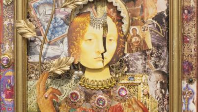 A mixed-media collage artwork featuring a fragmented female figure with a split face, adorned with ornate jewelry and holding a golden leaf-like object. The piece is framed in an elaborate gold frame and incorporates various smaller images, textures, and decorative elements, blending Renaissance-style portraiture with surreal and symbolic motifs.
