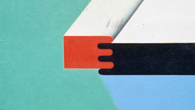Abstract painting featuring geometric shapes with a large white diagonal form intersecting a black horizontal band and a red rectangular block on a teal background. The composition emphasizes contrast between bold colors and clean lines, creating a sense of depth and movement.