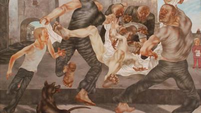 A painting depicting a chaotic street fight involving several muscular men and a young boy, set against an urban backdrop with arches and buildings. The scene features dynamic poses, intense facial expressions, and a black dog in the foreground, emphasizing tension and movement.
