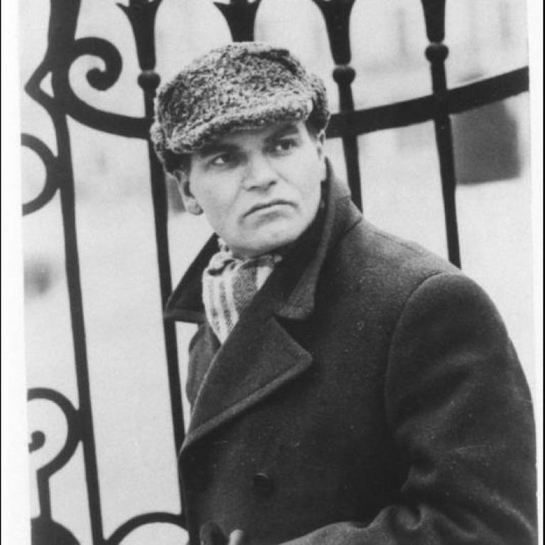 a man in a coat and a karakul hat with metal fence in the background