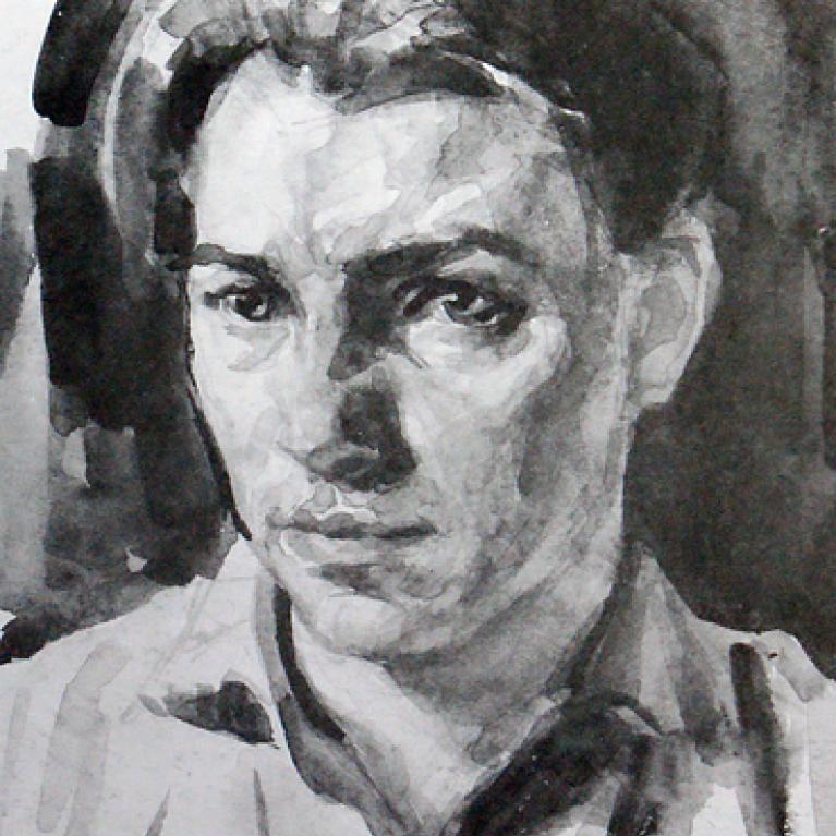 Black and white watercolor portrait of a person wearing a collared shirt, with loose brushstrokes creating texture and depth. The background features darker shading, contrasting with lighter areas on the shirt and face outline.