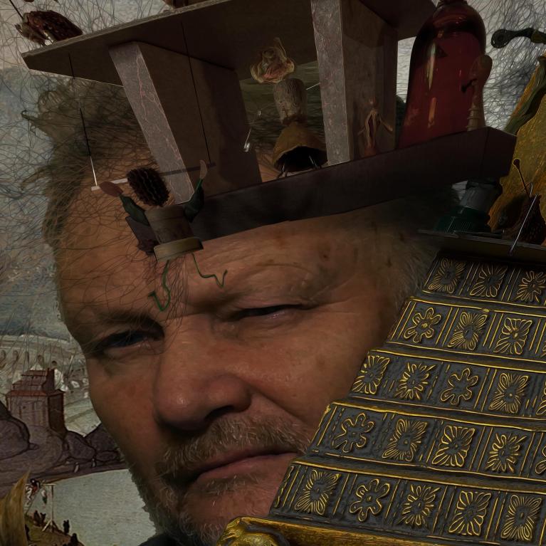 A photograph of a person collaged with various textures and objects