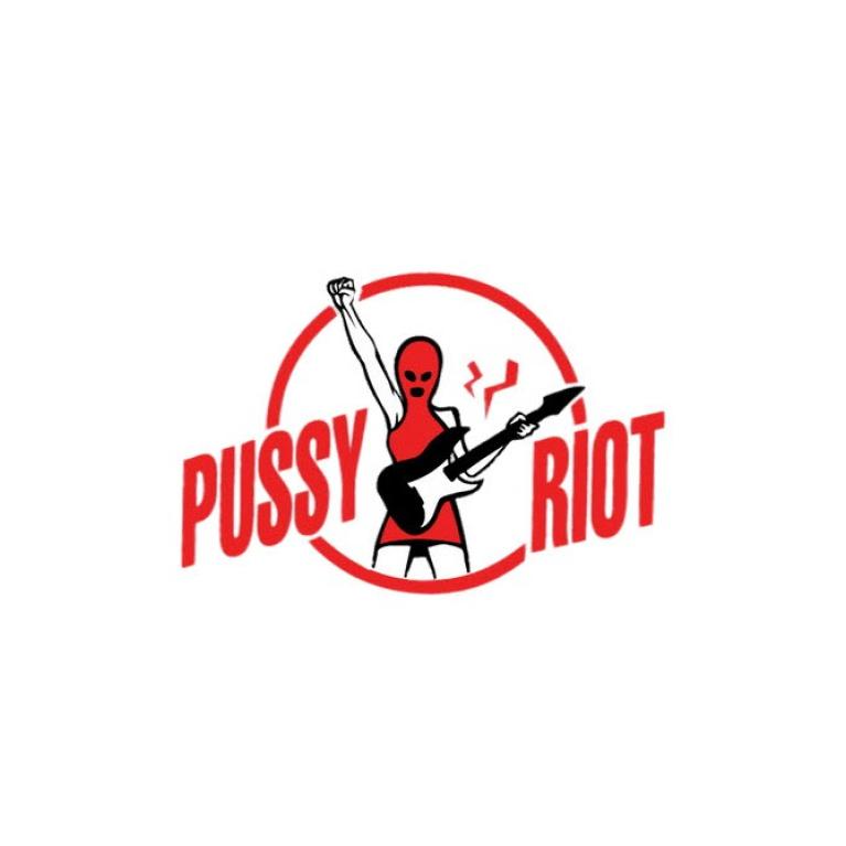 a logo depicting a girl in balaclava mask playing guitar with nad name pussy riot around her