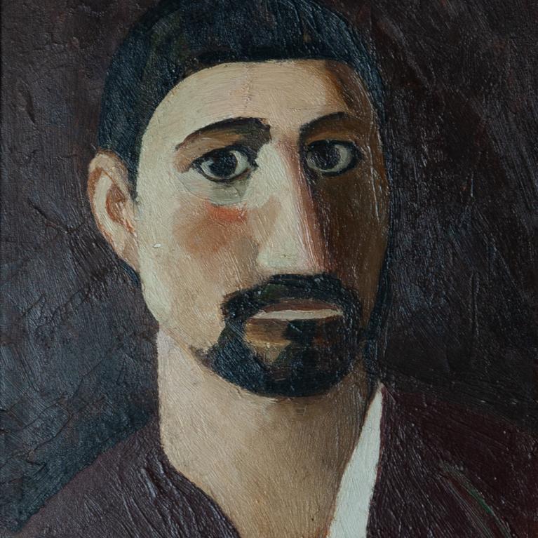 A portrait painting of a man with short dark hair, a beard, and mustache, set against a dark brown background. The man wears a dark shirt with a white collar, and the artwork features bold, simplified facial features with a textured, brushstroke style.