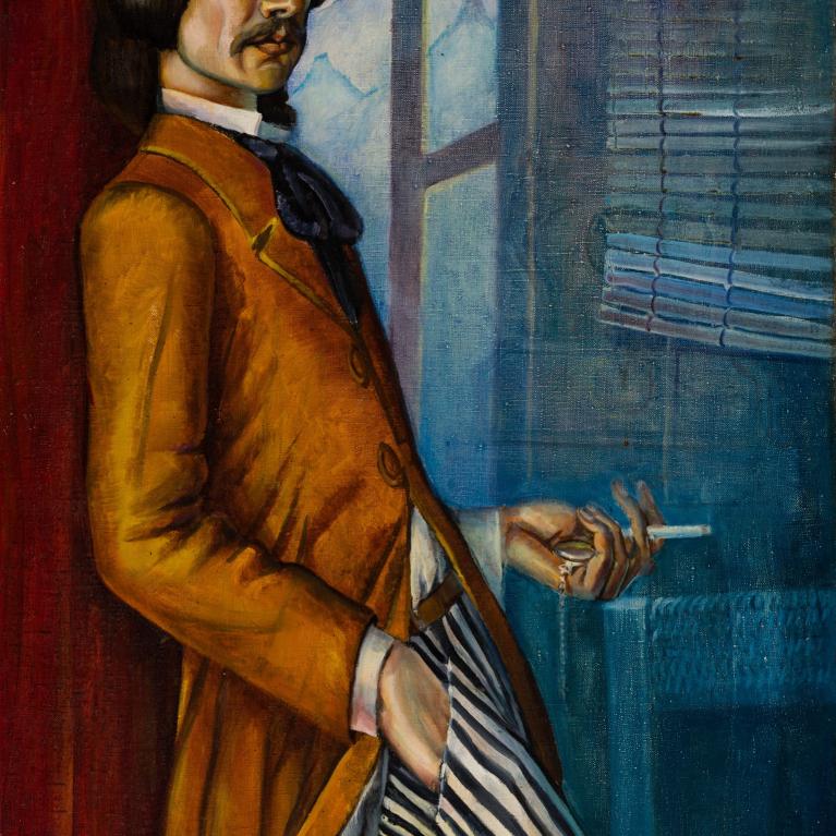 Painting of a man with a mustache and medium-length hair wearing a brown jacket, black bow tie, and striped pants, leaning against a wall while holding a cigarette. Background features a window with blinds and a blue-toned interior, highlighting a moody and contemplative atmosphere.