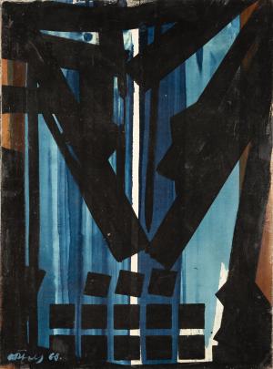 abstract composition with tall structures across and square forms in the bottom