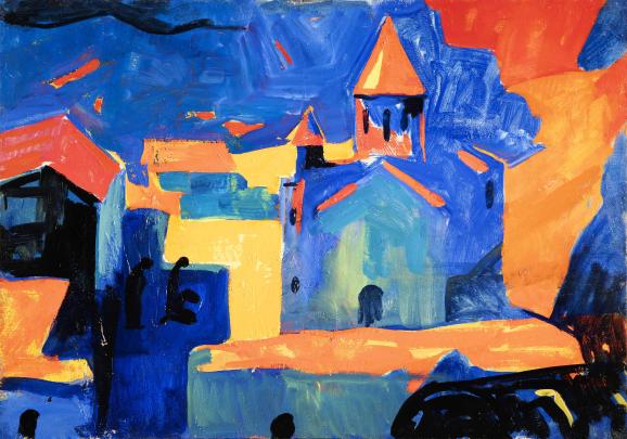 Abstract painting depicts a village scene with buildings and a church tower using bold, contrasting colors of blue, orange, and yellow. Composition emphasizes geometric shapes and vibrant color blocks, creating a dynamic and expressive atmosphere.