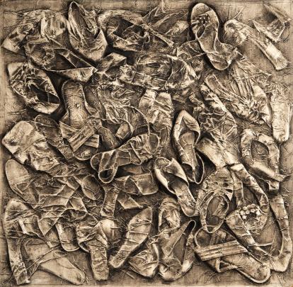 A textured monochromatic artwork featuring an overlapping collage of various worn shoes and sandals arranged chaotically. The piece uses sepia tones and heavy embossing to emphasize the rough, aged surfaces and intricate details of each footwear item