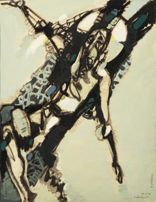 Abstract painting depicting a human figure with elongated limbs and distorted features, rendered in black, white, and teal brushstrokes against a pale background. The composition emphasizes dynamic movement and emotional intensity through bold lines and contrasting colors.