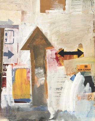 Abstract mixed-media artwork featuring layered paint, text, and symbols with a large brown upward arrow and a black double-headed horizontal arrow as central elements. Includes fragments of printed text, an "AIR CANA" label, and a "CHECK BAGG" sign, blending warm and neutral tones with a textured, collage-like composition.